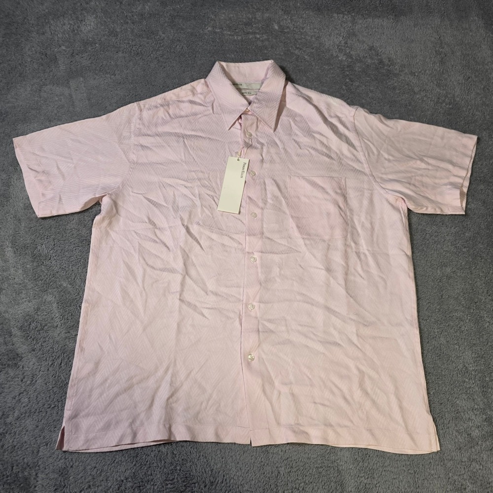 Perry Ellis Mens L Shirt Pink 100% Silk Chevron Jacquard Short Sleeve Button Dwn